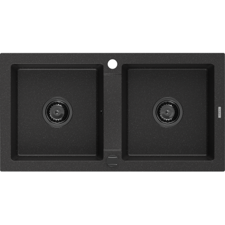 Mexen Mario granite double-bowl sink 820 x 436 mm, black/silver metallic, black siphon - 6504822000-73-B