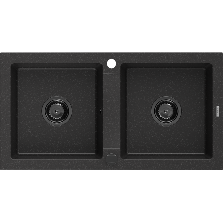 Mexen Mario granite sink 2-bowl 820 x 436 mm, black/silver metallic, black siphon - 6504822000-73-B