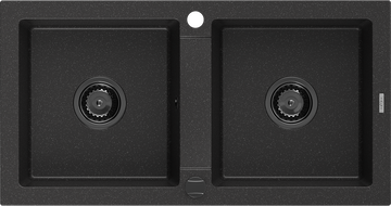 Mexen Mario granite double-bowl sink 820 x 436 mm, black/silver metallic, black siphon - 6504822000-73-B