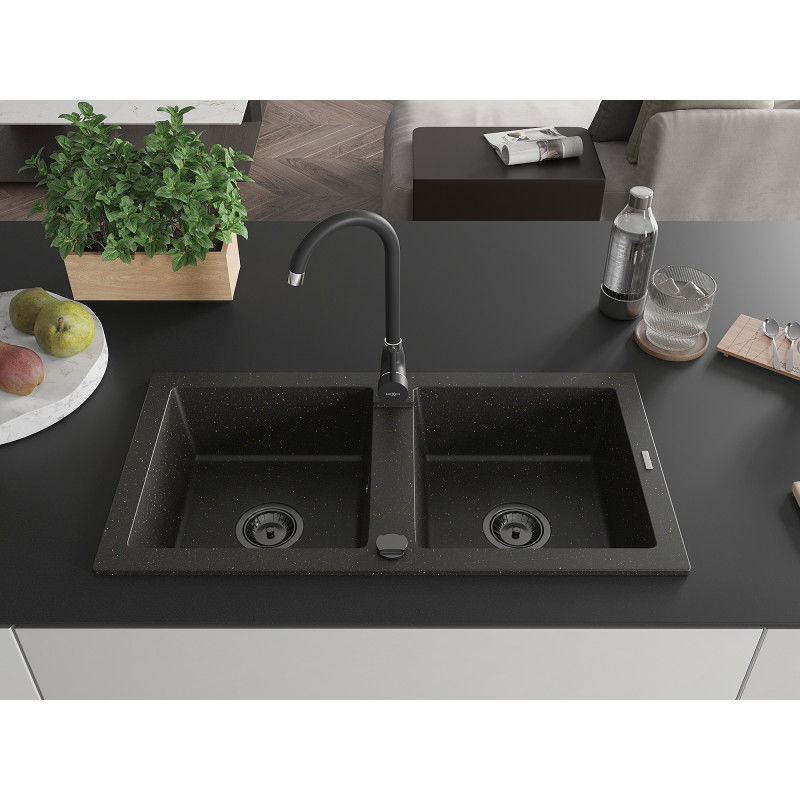Mexen Mario granite sink 2-bowl 820 x 436 mm, black/gold metallic, black siphon - 6504822000-75-B