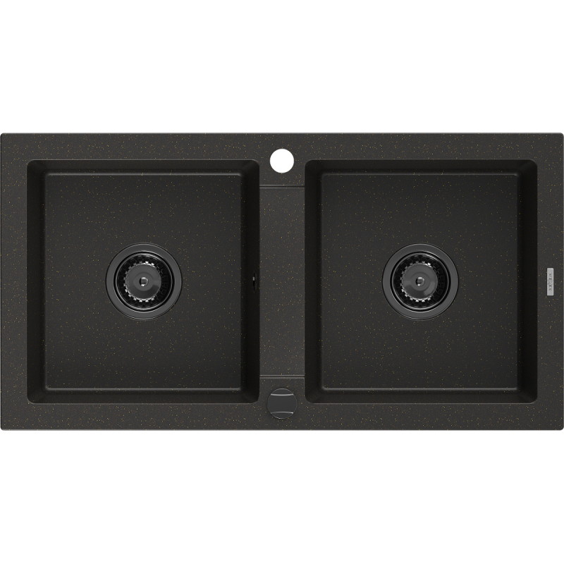 Mexen Mario 2-chamber granite sink 820 x 436 mm, black/gold metallic, black siphon - 6504822000-75-B