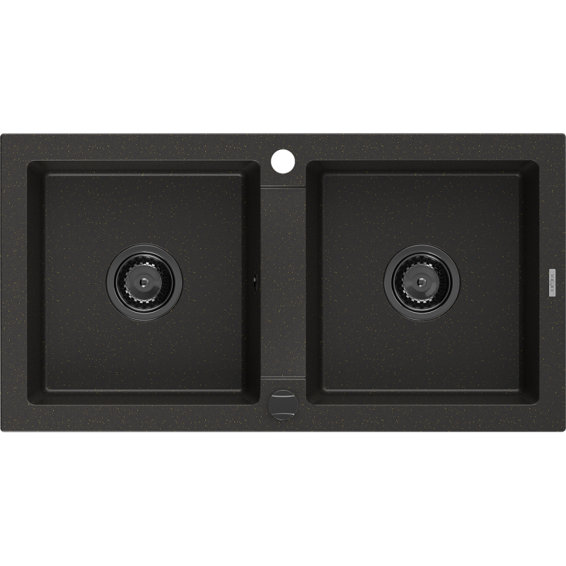 Mexen Mario granite sink 2-bowl 820 x 436 mm, black/gold metallic, black siphon - 6504822000-75-B