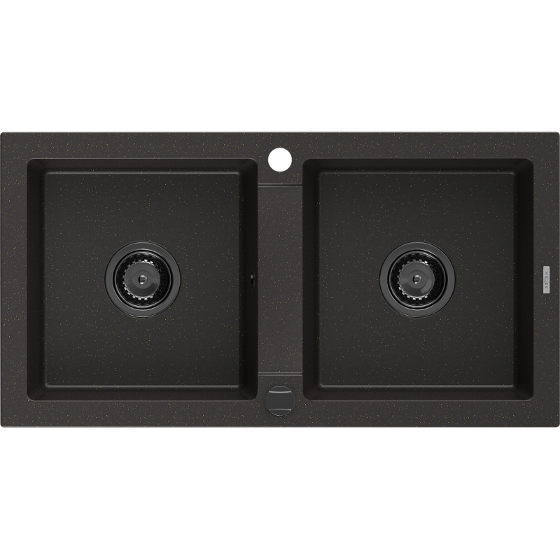 Mexen Mario granite sink 2-chamber 820 x 436 mm, black/gold metallic, black siphon - 6504822000-75-B