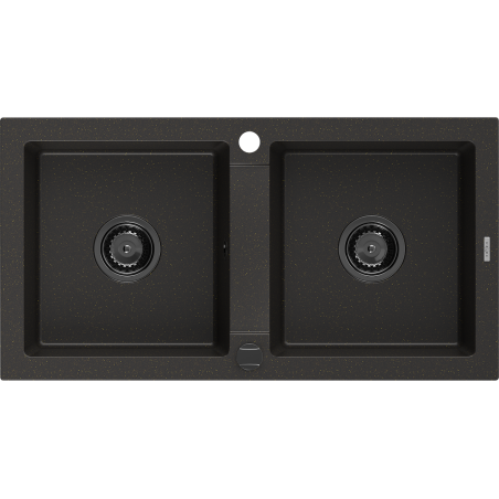 Mexen Mario granite sink 2-bowl 820 x 436 mm, black/gold metallic, black siphon - 6504822000-75-B