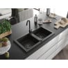 Mexen Mario granite sink 2-bowl 820 x 436 mm, black/gold metallic, black siphon - 6504822000-75-B