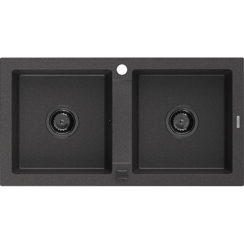 Mexen Mario granite sink 2-bowl 820 x 436 mm, black speckled, black siphon - 6504822000-76-B