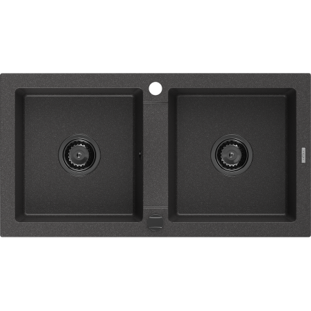 Mexen Mario granite sink 2-bowl 820 x 436 mm, black speckled, black siphon - 6504822000-76-B