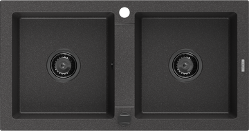 Mexen Mario 2-compartment granite sink 820 x 436 mm, spotted black, siphon Black - 6504822000-76-B