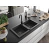 Mexen Mario granite sink 2-bowl 820 x 436 mm, black speckled, black siphon - 6504822000-76-B