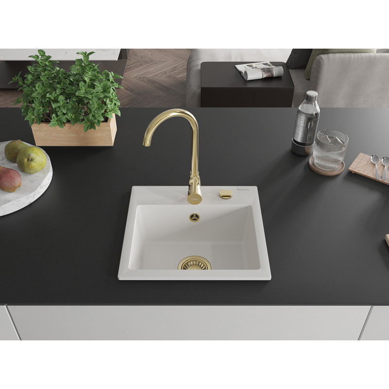 Mexen Milo 1-bowl granite sink 435 x 410 mm, white, golden siphon - 6505441000-20-G