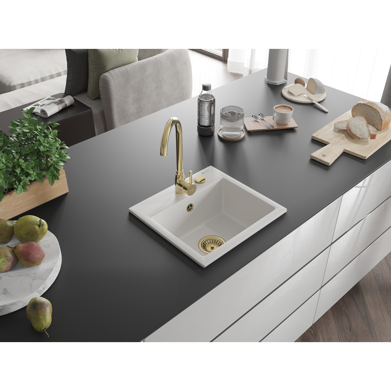 Mexen Milo 1-bowl granite sink 435 x 410 mm, white, golden siphon - 6505441000-20-G