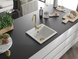 Mexen Milo 1-compartment granite sink 435 x 410 mm, White, siphon Gold - 6505441000-20-G