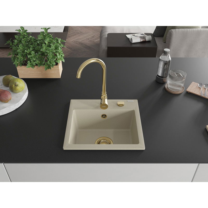 Mexen Milo granite sink single-bowl 435 x 410 mm, beige, gold siphon - 6505441000-69-G
