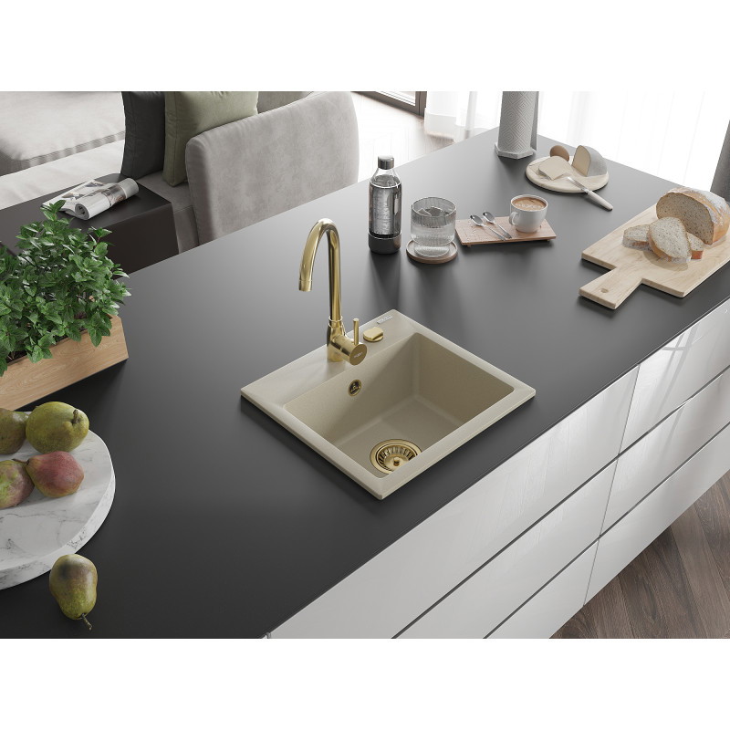 Mexen Milo 1-bowl granite sink 435 x 410 mm, beige, gold siphon - 6505441000-69-G