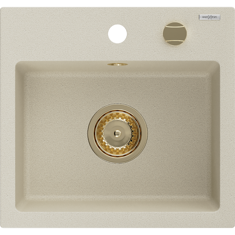Mexen Milo granite sink single-bowl 435 x 410 mm, beige, gold siphon - 6505441000-69-G