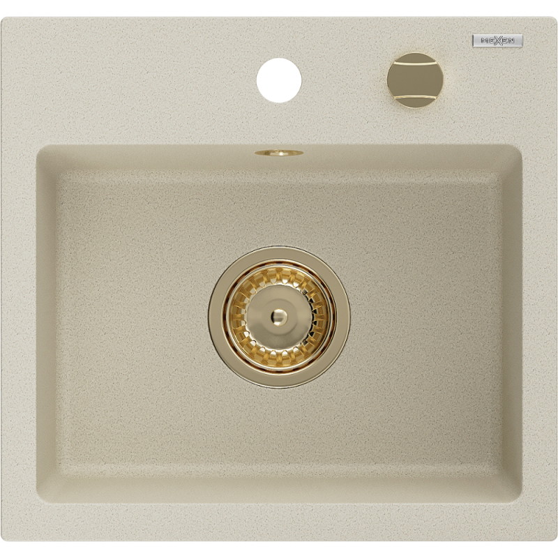 Mexen Milo single bowl granite sink 435 x 410 mm, beige, gold siphon - 6505441000-69-G