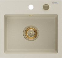 Mexen Milo single bowl granite sink 435 x 410 mm, beige, gold siphon - 6505441000-69-G