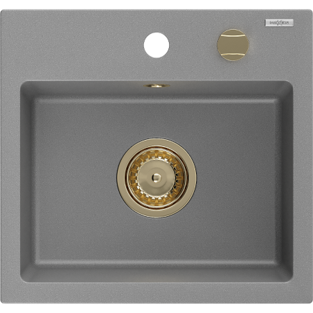 Mexen Milo granite sink 1-bowl 435 x 410 mm, grey, golden siphon - 6505441000-71-G