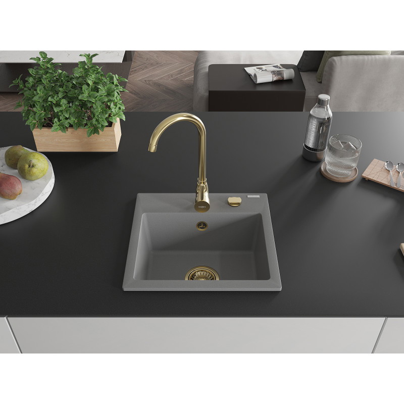 Mexen Milo granite sink 1-bowl 435 x 410 mm, gray, gold siphon - 6505441000-71-G