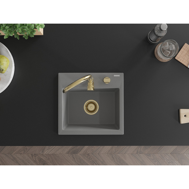 Mexen Milo granite sink 1-bowl 435 x 410 mm, gray, gold siphon - 6505441000-71-G