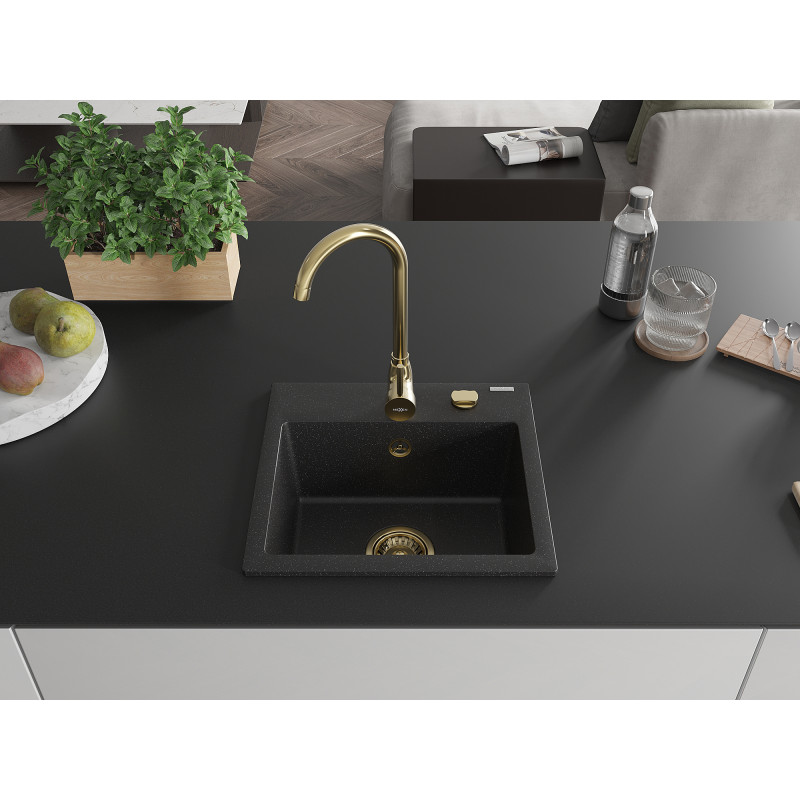 Mexen Milo granit sink 1-bowl 435 x 410 mm, black/silver metallic, gold siphon - 6505441000-73-G