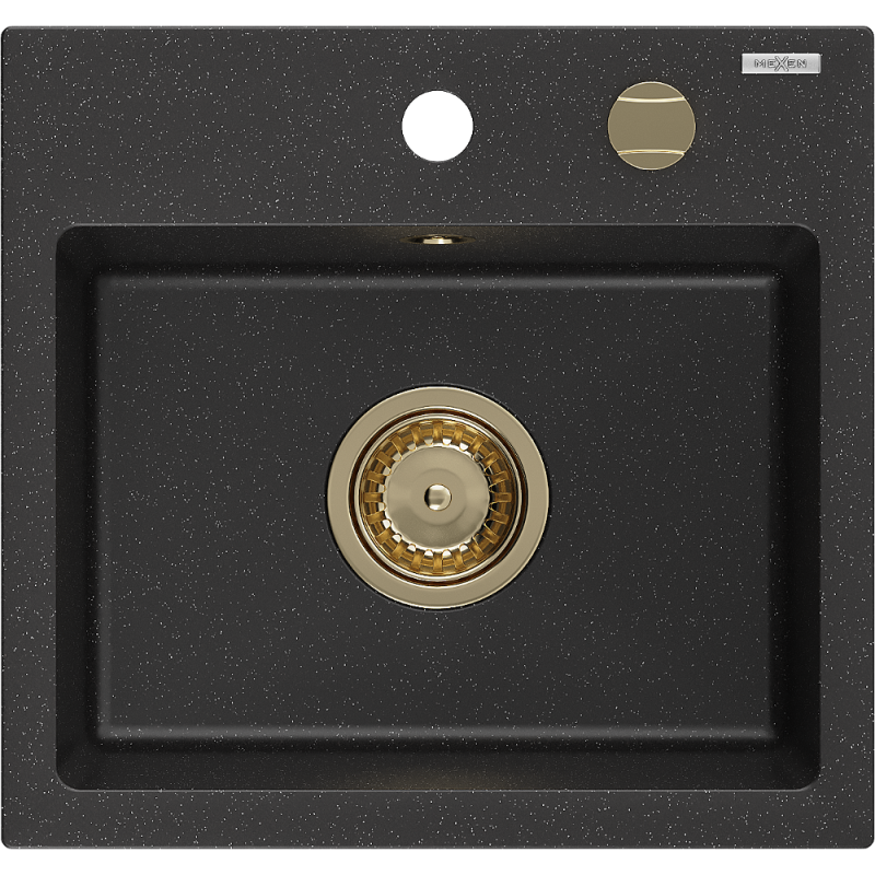 Mexen Milo granit sink 1-bowl 435 x 410 mm, black/silver metallic, gold siphon - 6505441000-73-G