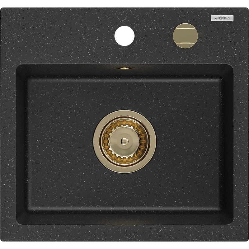 Mexen Milo granite sink 1-bowl 435 x 410 mm, black/silver metallic, golden siphon - 6505441000-73-G