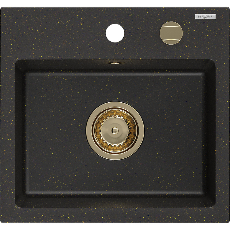Mexen Milo 1-bowl granite sink 435 x 410 mm, black/gold metallic, gold siphon - 6505441000-75-G