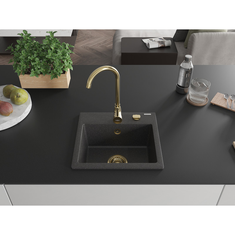 Mexen Milo 1-bowl granite sink 435 x 410 mm, black speckled, gold siphon - 6505441000-76-G
