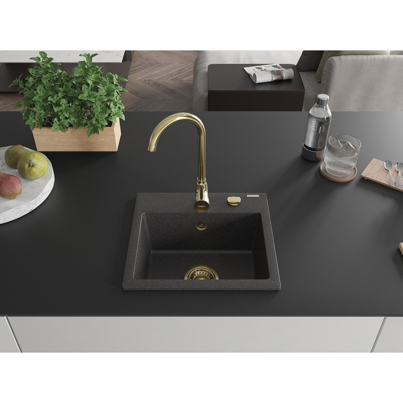 Mexen Milo granite sink 1-chamber 435 x 410 mm, black speckled, gold siphon - 6505441000-76-G