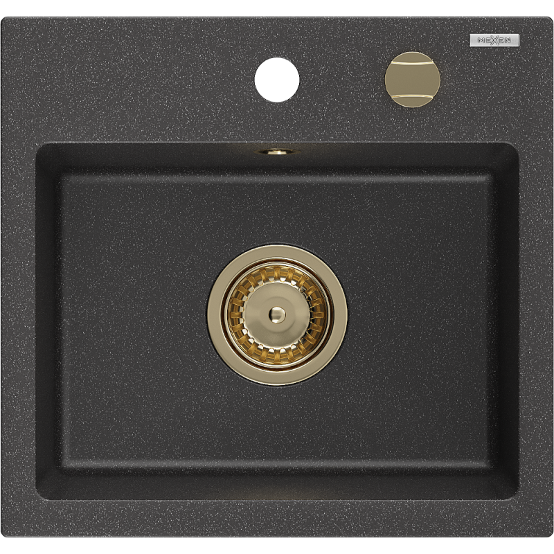 Mexen Milo 1-bowl granite sink 435 x 410 mm, black speckled, gold siphon - 6505441000-76-G