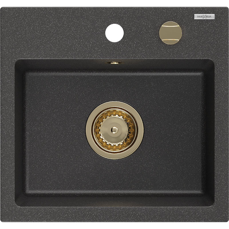 Mexen Milo granite sink 1-bowl 435 x 410 mm, black speckled, golden siphon - 6505441000-76-G