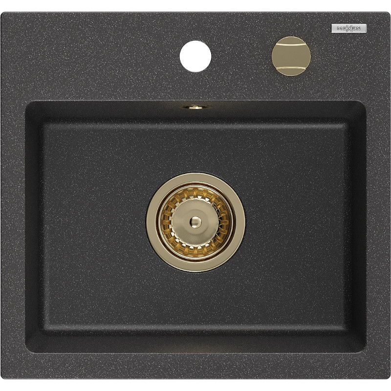 Mexen Milo granite sink 1-chamber 435 x 410 mm, black speckled, gold siphon - 6505441000-76-G