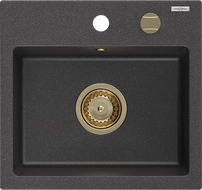 Mexen Milo 1-bowl granite sink 435 x 410 mm, black speckled, gold siphon - 6505441000-76-G