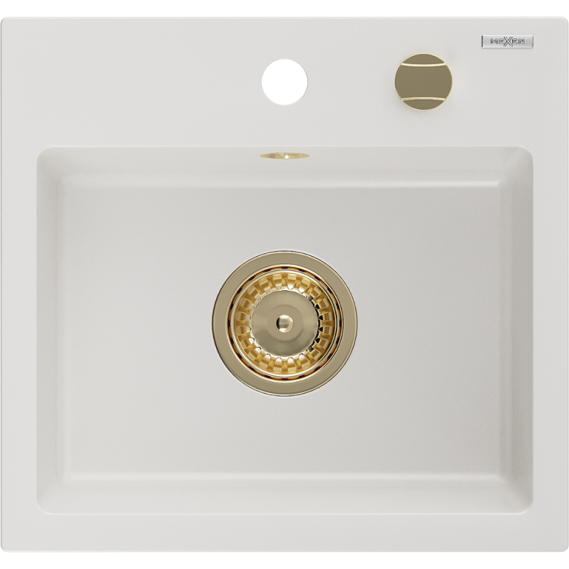 Mexen Milo 1-bowl granite sink 435 x 410 mm, white, golden siphon - 6505441000-20-G