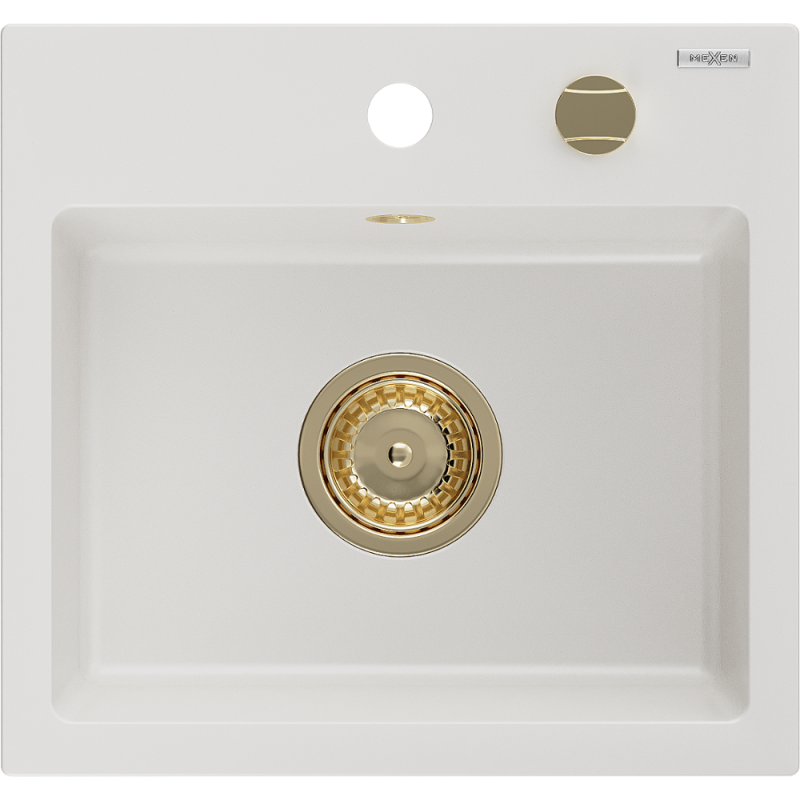 Mexen Milo granite sink 1-bowl 435 x 410 mm, white, gold siphon - 6505441000-20-G