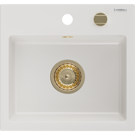 Mexen Milo granite sink 1-bowl 435 x 410 mm, white, gold siphon - 6505441000-20-G