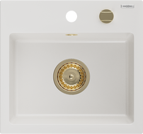 Mexen Milo 1-bowl granite sink 435 x 410 mm, white, golden siphon - 6505441000-20-G