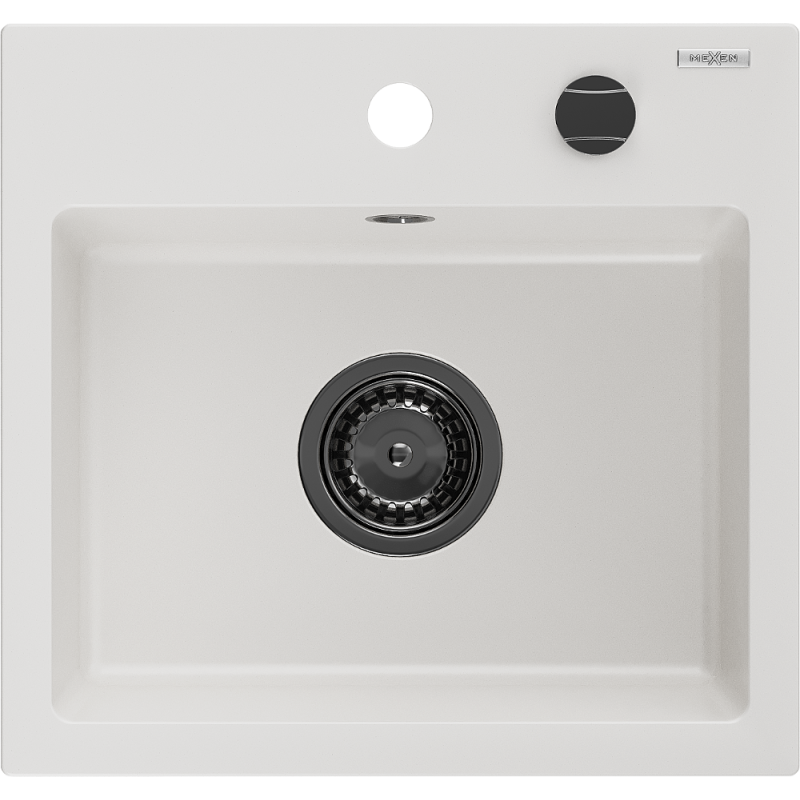 Mexen Milo 1-Bowl Granite Sink 435 x 410 mm, White, Black Trap - 6505441000-20-B