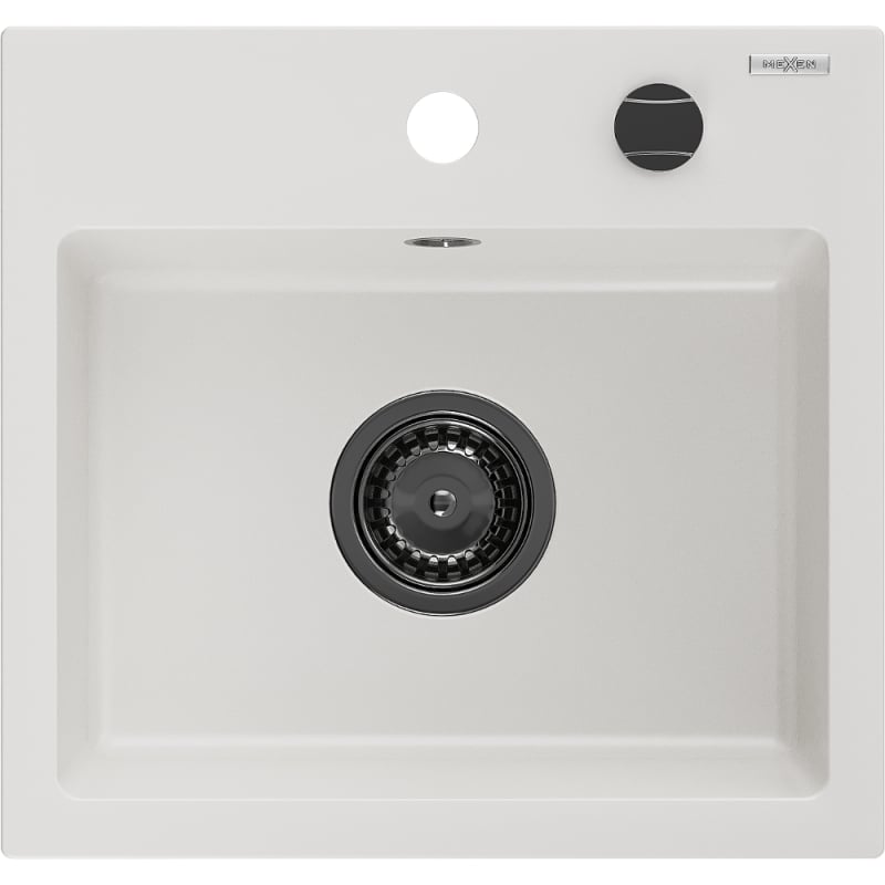 Mexen Milo granite sink 1-bowl 435 x 410 mm, white, black siphon - 6505441000-20-B