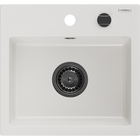 Mexen Milo granite sink 1-bowl 435 x 410 mm, white, black siphon - 6505441000-20-B