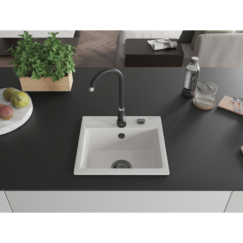 Mexen Milo 1-Bowl Granite Sink 435 x 410 mm, White, Black Siphon - 6505441000-20-B