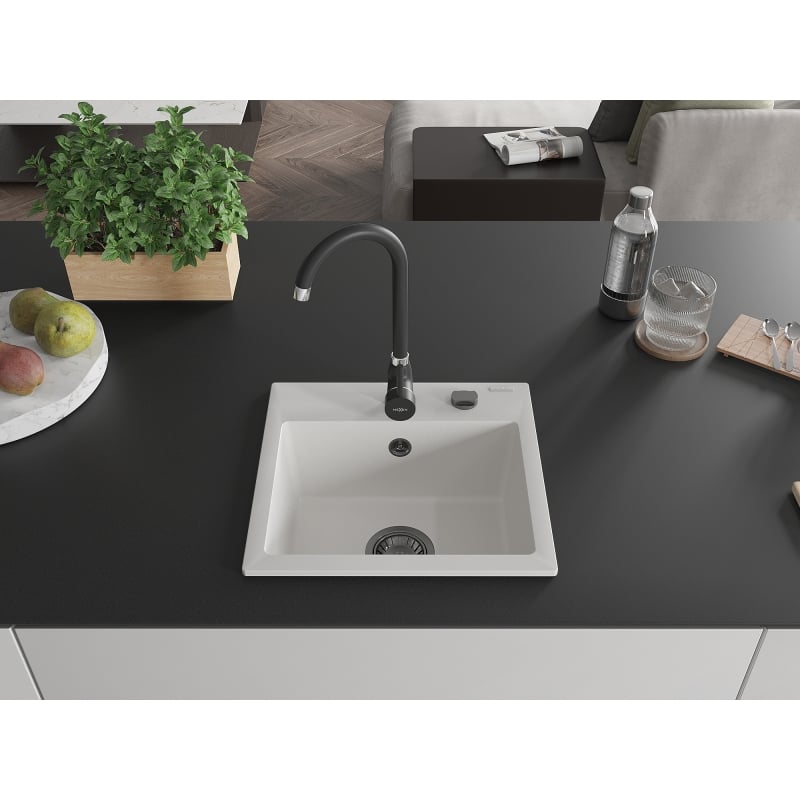 Mexen Milo granite sink 1-bowl 435 x 410 mm, white, black siphon - 6505441000-20-B