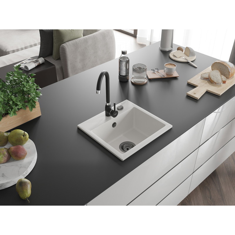 Mexen Milo 1-Bowl Granite Sink 435 x 410 mm, White, Black Trap - 6505441000-20-B