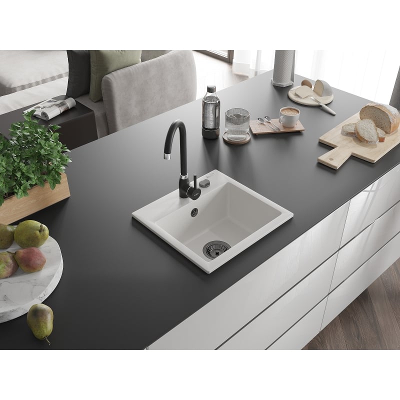 Mexen Milo granite sink 1-bowl 435 x 410 mm, white, black siphon - 6505441000-20-B