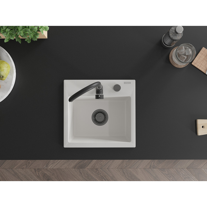 Mexen Milo 1-Bowl Granite Sink 435 x 410 mm, White, Black Trap - 6505441000-20-B