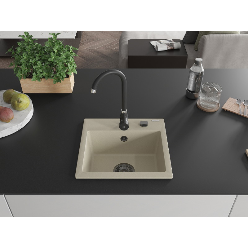 Mexen Milo granite single-bowl sink 435 x 410 mm, beige, black siphon - 6505441000-69-B