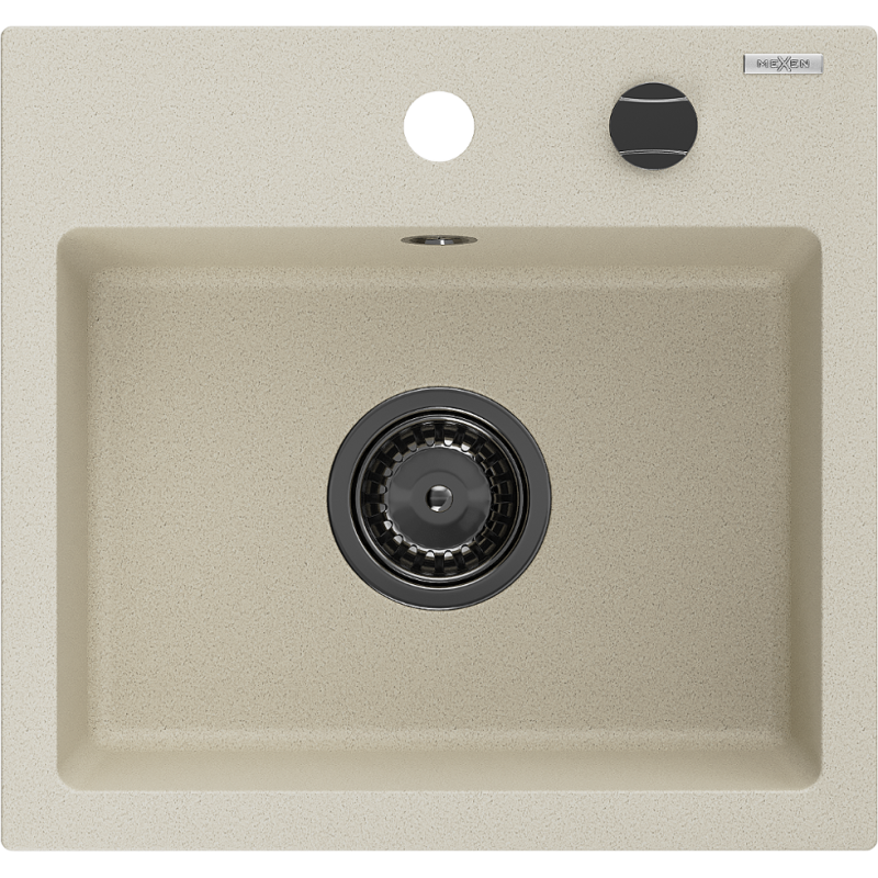 Mexen Milo 1-compartment granite sink 435 x 410 mm, Beige, siphon Black - 6505441000-69-B