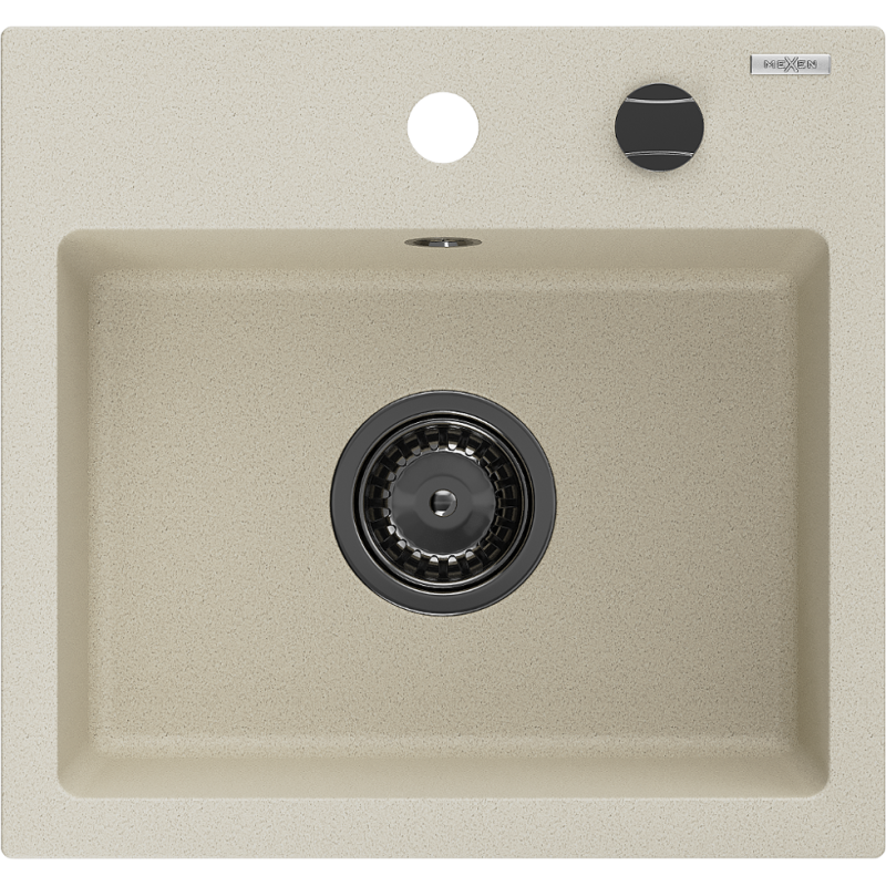 Mexen Milo granite sink, 1-bowl, 435 x 410 mm, beige, black siphon - 6505441000-69-B