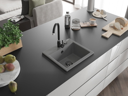 Mexen Milo 1-bowl granite sink 435 x 410 mm, gray, black siphon - 6505441000-71-B